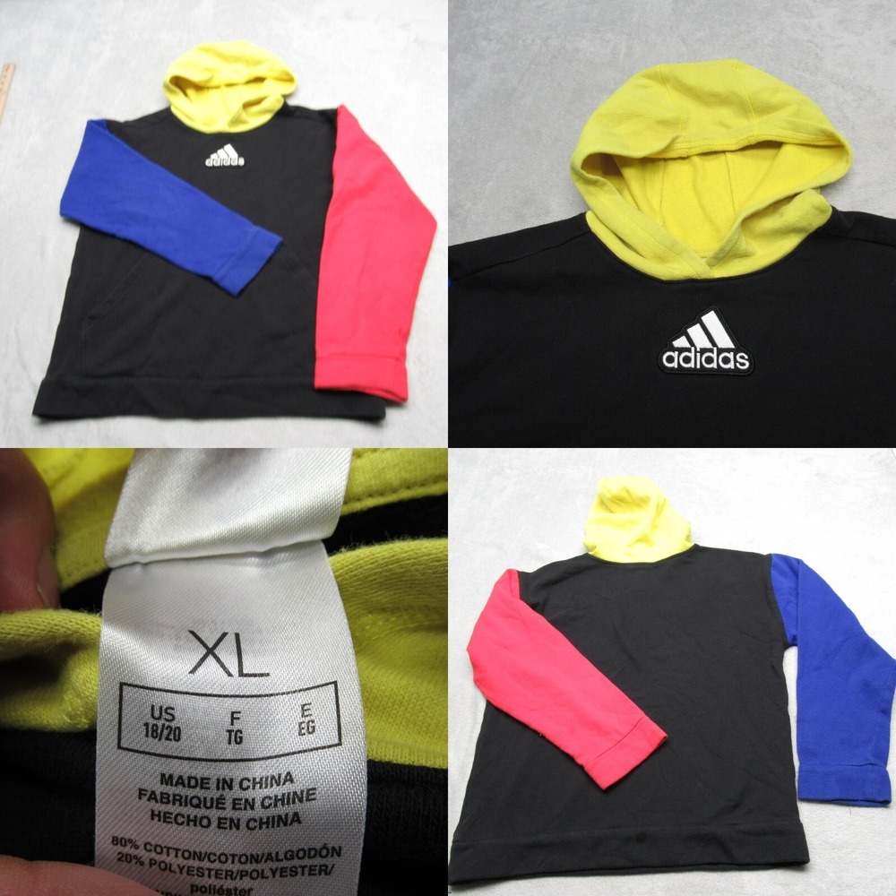 Adidas Hoodie Youth XL Black Colorblock Freestyle Fleece Pullover Sweatshirt